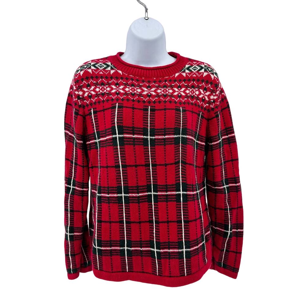 Crazy Horse WMNS M Red Fair Isle Plaid Christmas Sweater Holiday Cabin Core